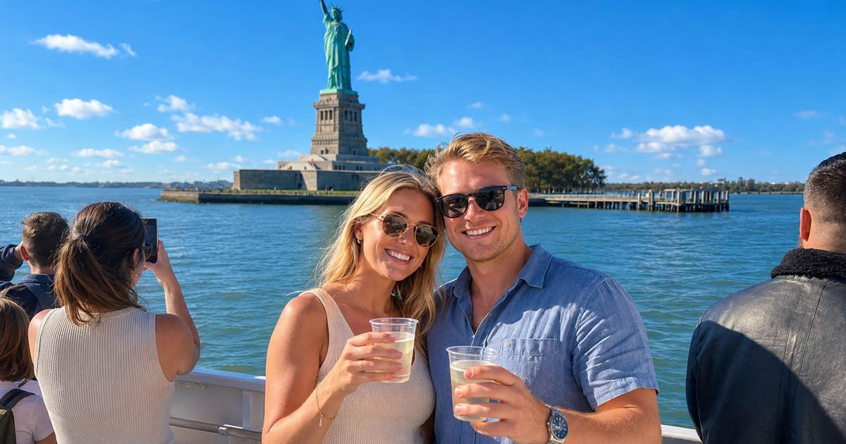 Guests enjoying a New York City sunset cruise with Manhattan skyline views