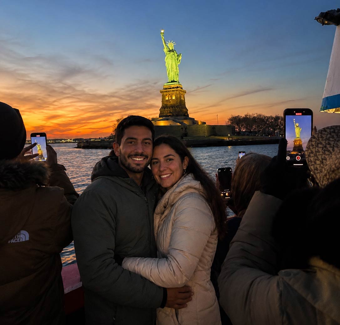Sunset cruise boat passing the Statue of Liberty in New York Harbor