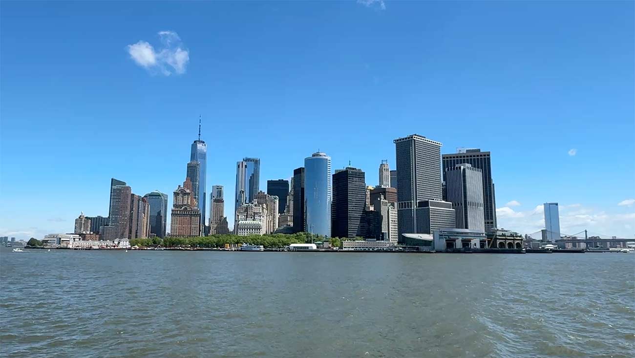 Manhattan skyline glowing during golden hour